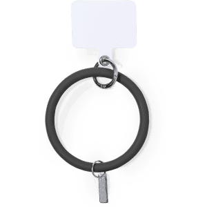A black Naomi Holder Bracelet featuring a circular design and a metal charm, with an attached branding tag.