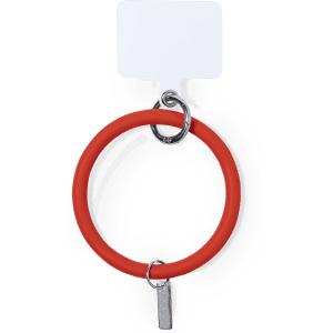 A red Naomi Holder Bracelet with a metal clasp and an attached ring, suitable for phone wallets.