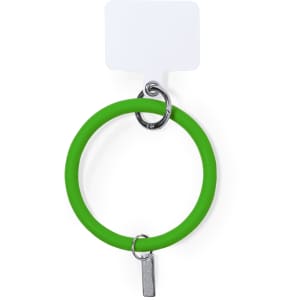 A green silicone holder bracelet with a metal clip, suitable for attaching items. It features a blank white tag.