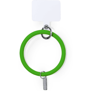 A green silicone bracelet with a metal attachment. It features a plain tag for branding.