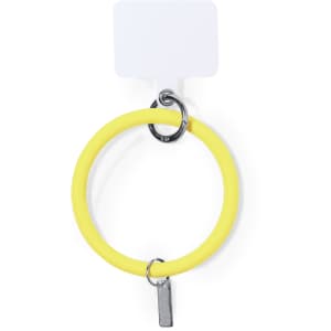 A yellow Naomi Holder Bracelet with a metal clasp and a circular design. It includes a branding logo.