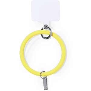 A bright yellow holder bracelet with a metal attachment, featuring a circular design. It includes a branding logo.