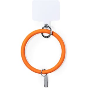 An orange silicone bracelet with a metal charm and a ring attachment, featuring a blank tag for branding.