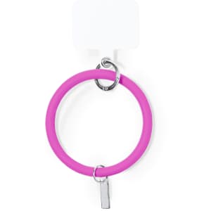 A pink silicone bracelet with a metal charm and a loop for attachment, featuring a logo.