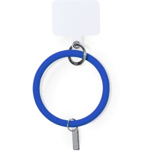 A circular blue silicone bracelet with a metal ring and attached pendant, featuring a blank tag for branding.