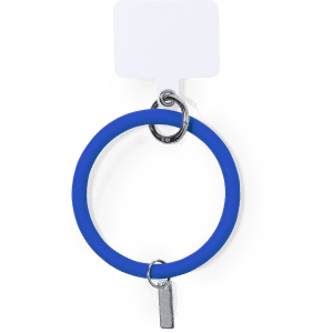 A circular blue silicone bracelet with a metal clasp, featuring a simple design and a small tag.