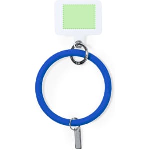 A blue silicone bracelet with a silver attachment and a white tag, featuring a green rectangle.