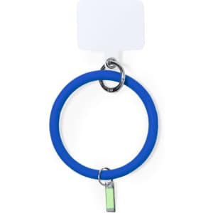 A blue silicone bracelet with a metal ring and a decorative charm. It includes a branding logo.