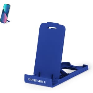 A blue phone stand is displayed, featuring a sleek design and a logo. A smartphone is positioned on the stand.