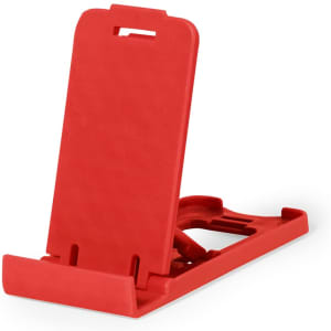 A red phone stand designed for holding devices, featuring a simple, foldable design and a logo.