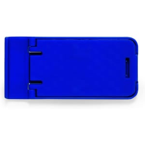 A blue phone holder with a sleek design and a logo, suitable for supporting devices.