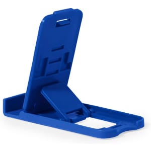 A blue phone stand with an adjustable back for support. It features a simple design and has a logo visible.