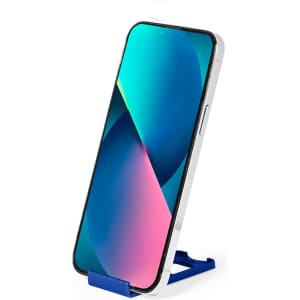 A blue phone stand holds a smartphone upright, showcasing a vibrant screen display.