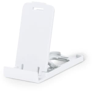 A white phone stand with a sleek design, featuring a holder and a base. It has a simple logo on it.