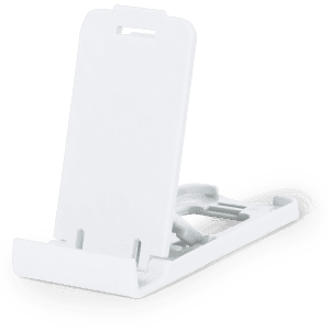 A white phone stand with a sleek design, featuring an adjustable holder for various device sizes.
