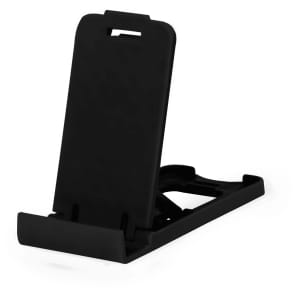 A black phone stand with a sleek design and adjustable back support. Features a logo on the base.