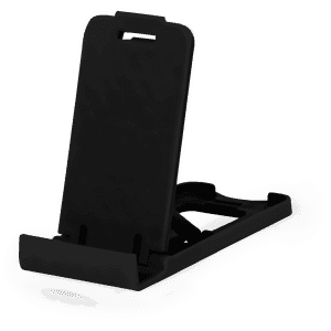 A black phone stand with an adjustable backrest for various viewing angles. It features a simple design and includes a logo.