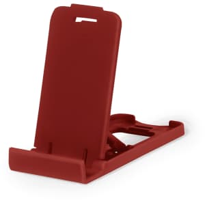 A red phone stand with a sleek design, featuring a logo on the surface.