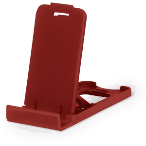 A red phone stand with a sturdy base and adjustable backrest, featuring a simple design and a logo.