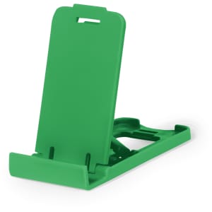 A green phone stand designed to hold devices at an angle, featuring a simple, adjustable design.