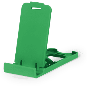 A green phone stand with a sleek design, featuring an adjustable back for different viewing angles. It includes a logo.