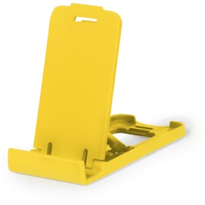 A bright yellow phone stand with a foldable design and a small slot for a device. It features a simple, modern structure.