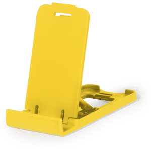 A yellow phone stand with a sleek design and a logo on its surface.