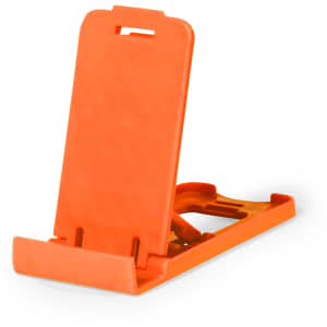 An orange phone stand with a sleek design, featuring a logo on the back.