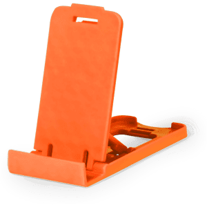 An orange phone stand designed to support a device in an upright position, featuring a simplistic design and branding.