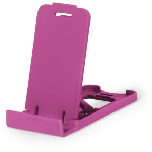 A pink phone stand with a sturdy base and adjustable support for various devices. It features a logo on the back.