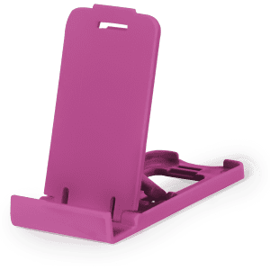 A pink phone stand positioned upright, featuring a sleek design suitable for various devices. It has a logo on it.
