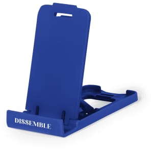 A blue phone stand with a logo, designed for holding devices at an angle.