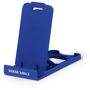 A blue phone stand with an adjustable back. It features a branding logo on the front.
