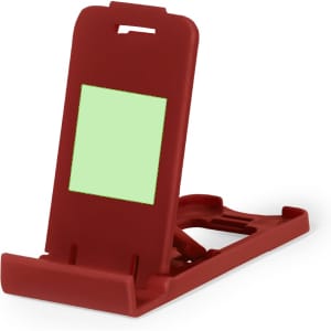 A red phone holder with a flat base and an adjustable back for supporting devices. It has an area for branding.