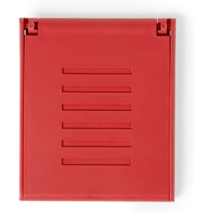 A red phone stand with a simple design, featuring horizontal grooves and a logo on the back.