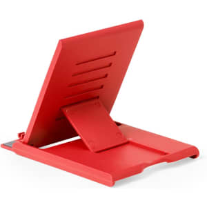 A red phone stand with a foldable design and a small support at the back for stability. It has a logo on it.