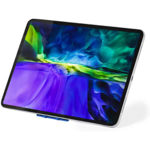 A tablet with a vibrant, colourful screen positioned on a white stand, featuring a blue accent.