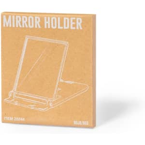 A compact phone stand in red and beige packaging, featuring a mirror design illustration. Includes a logo.