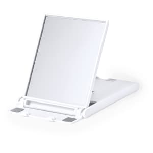 A white phone holder with an adjustable stand, featuring a flat base and a smooth surface for device placement.