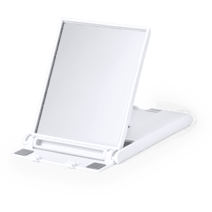 A white phone stand with an adjustable angled platform, featuring a simple design and a logo.
