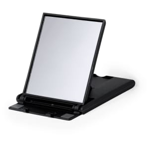 A black adjustable phone stand with a mirror-like surface, featuring a simple design and a foldable base.