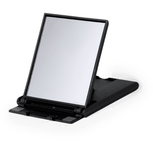 A black phone stand with an adjustable mirror surface, suitable for holding devices at various angles.