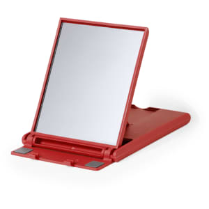 A red phone stand with a foldable design and a mirror surface. It features a logo on the base.