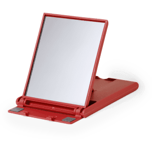 A red phone stand with an adjustable mirror, featuring a sleek design and a brand logo.