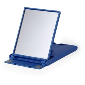 A blue foldable phone stand with a mirror surface. It features a simple design and has a logo on the back.