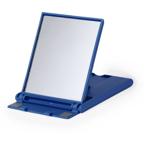 A blue phone stand with a reflective surface, featuring a foldable design and a branded logo.
