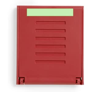 A red phone stand with a sliding mechanism and a logo on the back. Features several grooves for stability.