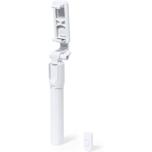 A white tripod with a phone holder at the top and a small remote control beside it. It features a branding logo.