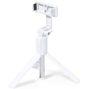 A white tripod with adjustable phone holder and three legs, featuring a small branding logo.