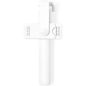 A white tripod for phones with a handle and adjustable holder. It features a logo on the side.
